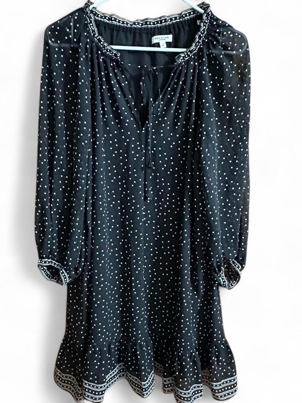 Max Studio Black Polka Dot Long Sleeve Ruffle Hem Dress
